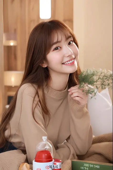 arafed woman with long brown hair and a tan sweater, warm and gentle smile, young adorable korean face, jaeyeon nam, smiling swe...