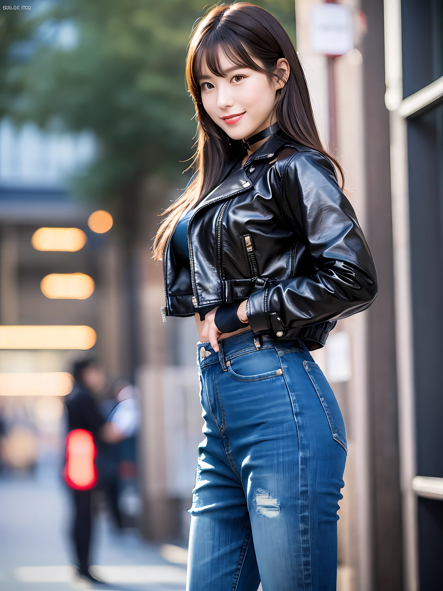 Araffe asian woman in a black leather jacket and jeans posing for a ...