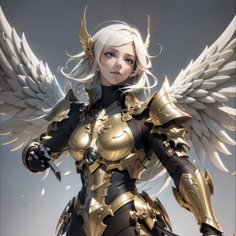 An angel warrior, (with a pair of golden wings on his back), ((metal wings)), ((golden armor)), high detail, (beautiful face), p...