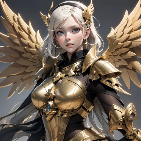 an angel warrior, (with a pair of golden wings on his back), ((metal wings)), ((golden armor)), high detail, (beautiful face), p...