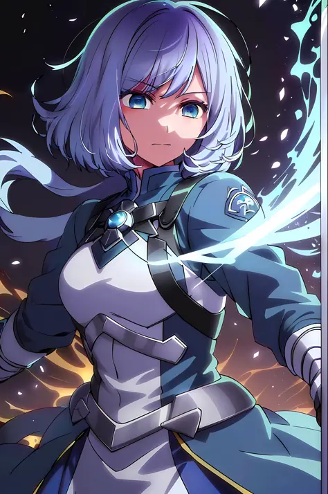 colorful, 1 girl, white hair, blue eyes, double hilt, sword, hand sword, blue flames, brilliance, bright weapon, light particles...