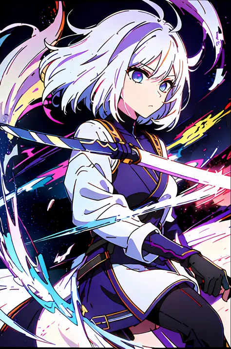 colorful, 1 girl, white hair, purple eyes, double hilt, sword, hand sword, blue flames, brilliance, bright weapon, light particl...