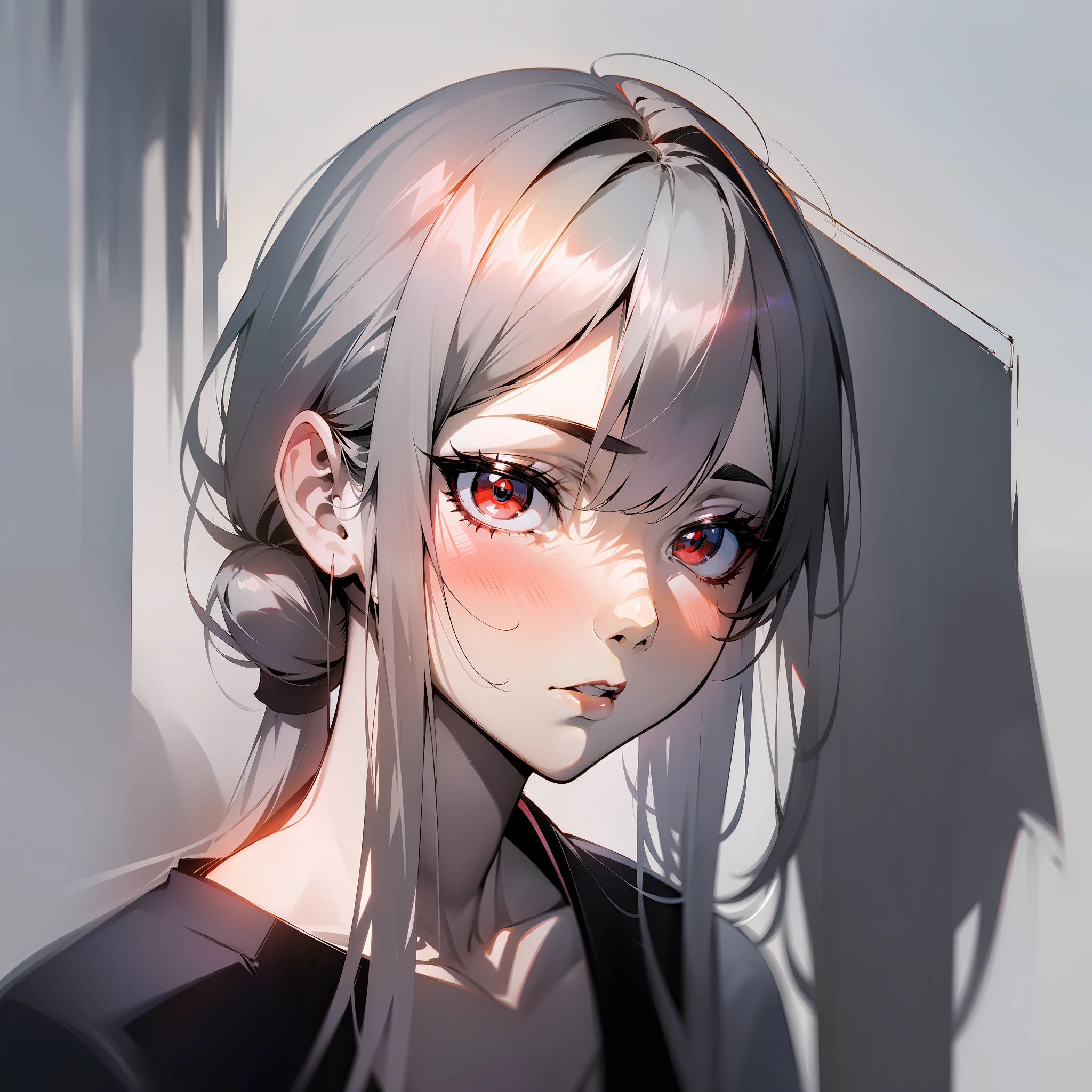 (Japanese anime, slender, glossy, light and shadow, shadow, tsundere style), best image quality, silver hairstyle, red eyes, white shirt, monochrome background.