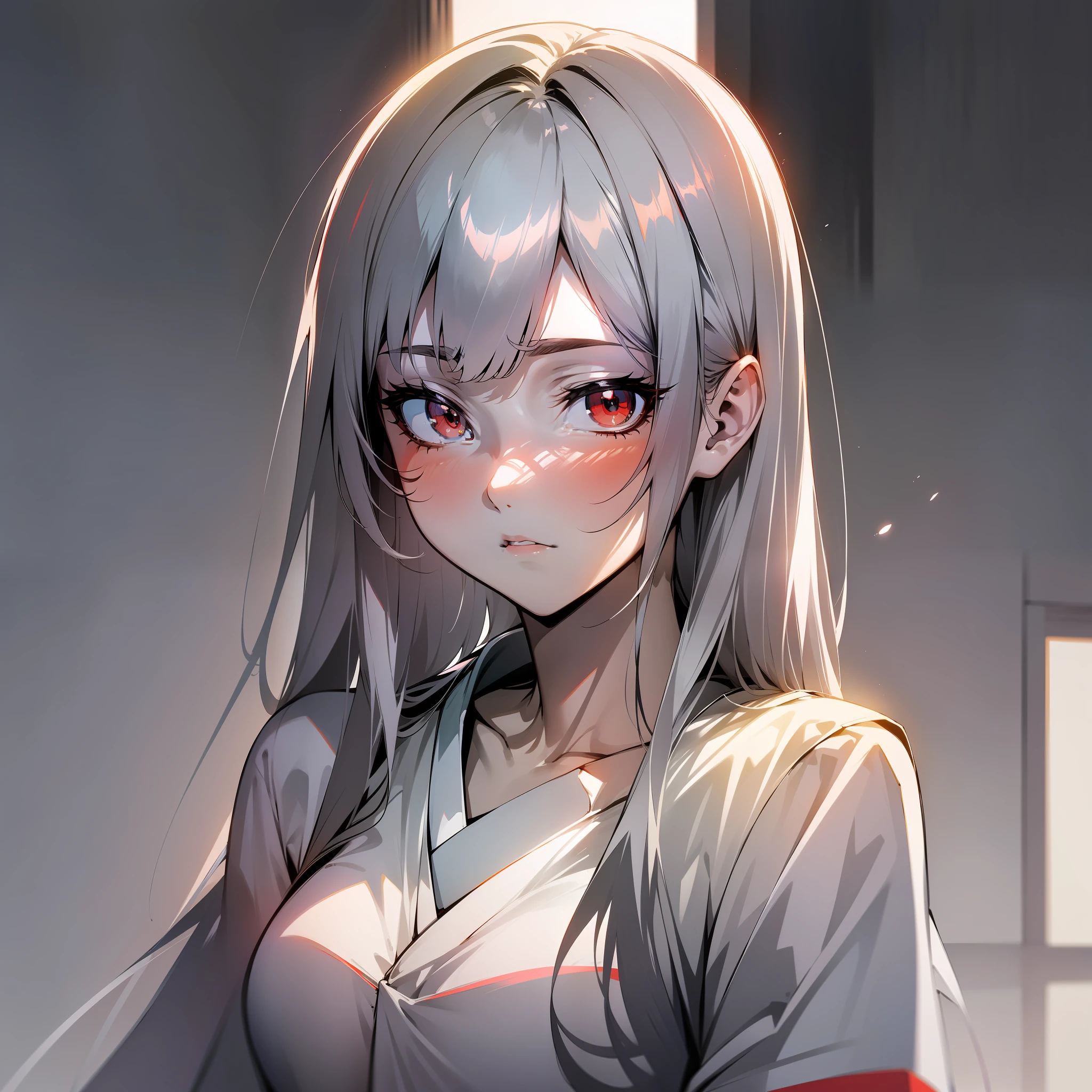 (Japanese anime, slender, glossy, light and shadow, shadow, tsundere style), best image quality, silver hairstyle, red eyes, white shirt, monochrome background.