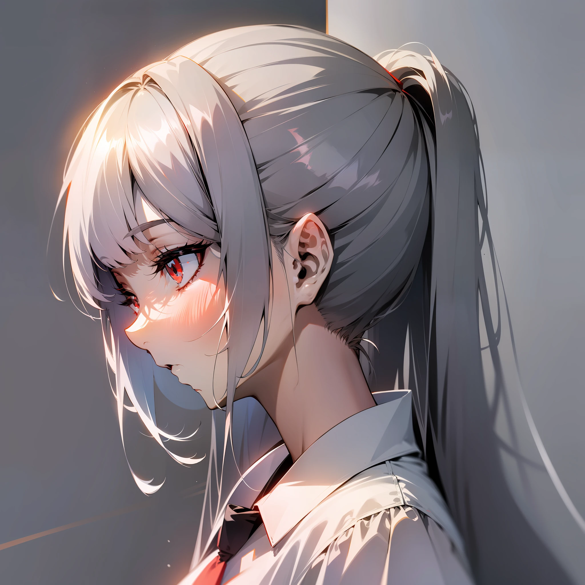 (Japanese anime, slender, glossy, light and shadow, shadow, tsundere style), best image quality, silver hairstyle, red eyes, white shirt, monochrome background.