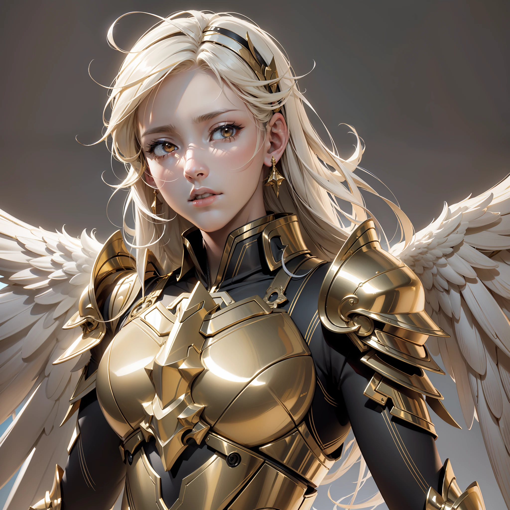 An angel warrior, (with a pair of golden wings on his back), ((metal wings)), ((golden armor)), high detail, (beautiful face), perfect facial features, golden hair, golden sword, indifferent, arrogant, invincible, atmospheric, macro, realistic, HDR (high dynamic range), ray tracing, NVIDIA RTX, super resolution, Unreal 5, subsurface scattering, post-processing, anisotropic filtering, depth of field, maximum sharpness and sharpness, Albedo and Specular Mapping, Surface shading, Accurately Simulating Light-Material Interactions, Perfect Proportions, Octane Render, Duotone Lighting, Large Aperture, Low ISO, White Balance, Rule of Thirds, 8K RAW, High Efficiency Sub-Pixel, Subpixel Convolution,