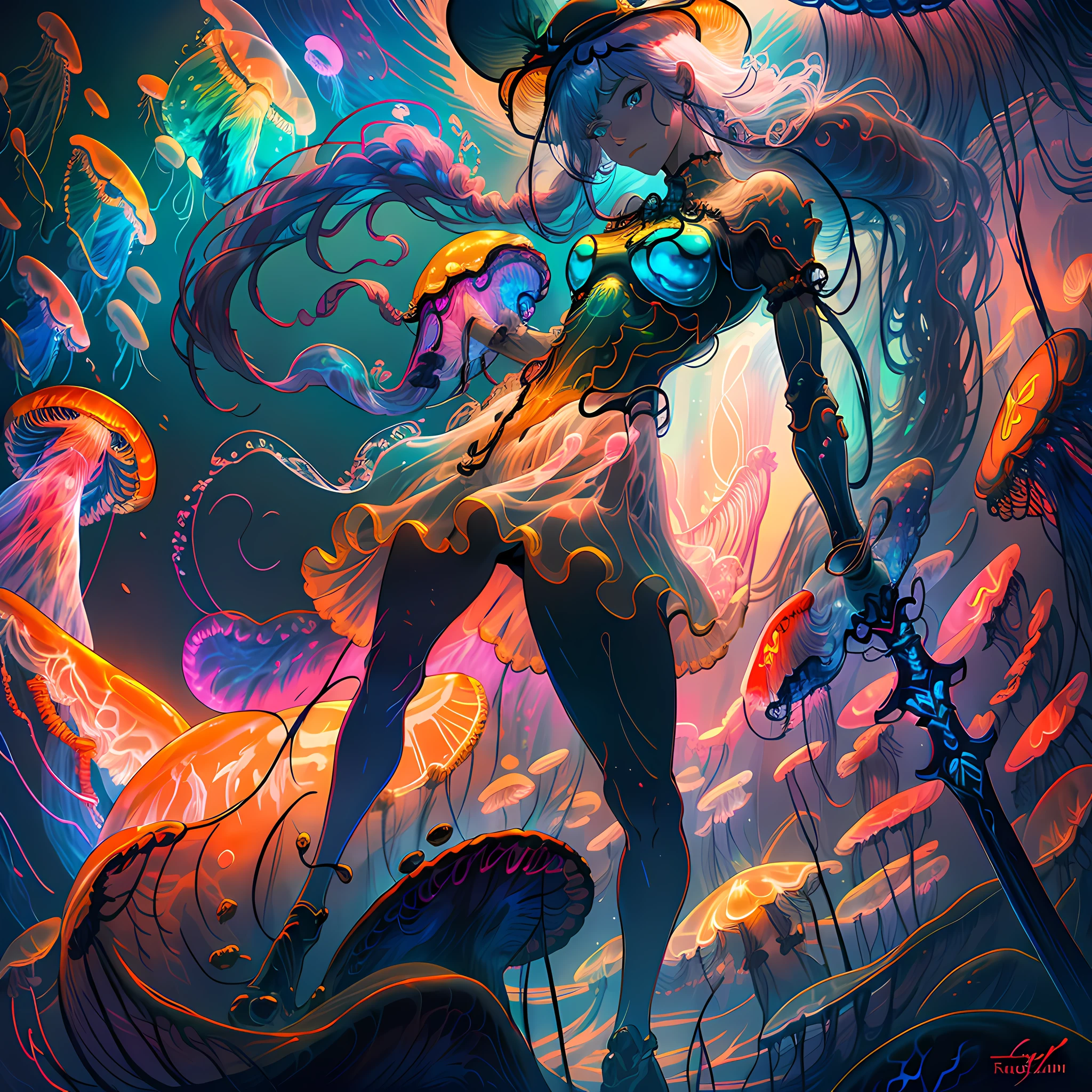 deflecting powerful explosives, dragon lair, (((Point-of-view shot))), there is a woman in a costume holding a sword and a sword, jellyfish priestess, cushart krenz key art feminine, digital fantasy illustration, in the art style of mohrbacher, fantasy art behance, anime fantasy illustration, detailed fantasy digital art, intricate wlop, peter mohrbacher style, hyperdetailed fantasy character, fantasy art illustration, anime girl with a hat and a sword with jelly accessories, combat in a dungeon, armor deflecting magic, armor deflecting steel swords, dnd battle, dynamic lighting 1girl, (platinum hair:1.3), (catgirl:1.1), cat ears, real tail, add_detail, masterpiece, micro bikini under translucent armor, ready to fight, armed, blue sword, in a deep dungeon, smiling, translucent armor, fighting pose, sword drawn, fine fabric detail, (masterpiece:1.2), (best quality:1.2), (extremely detailed:1.2), (extremely detailed face), (ultra detailed), 8k, large translucent round jellyfish bra, translucent leg armor, translucent round jellyfish panties, translucent round jellyfish head cover, thick thighs, bbw, translucent round jellyfish on each breast, translucent round jellyfish on crotch, translucent round jellyfish on each shoulder, translucent round jellyfish covering head,octane render, hdr, (hyperdetailed:1.15), (soft light, sharp:1.2), beautiful, realistic,1 woman mature, feminine, tall, short hair, beautiful, eyes with fine details, look at the viewer, beautifully curved, guweiz, armor deflecting magic, armor deflecting steel swords, dnd battle, armor defense, magic explosions, hp low, cowboy shot