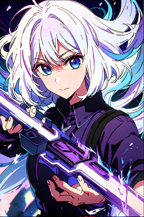 colorful, 1 girl, white hair, purple eyes, double hilt, sword, hand sword, blue flames, brilliance, bright weapon, light particl...