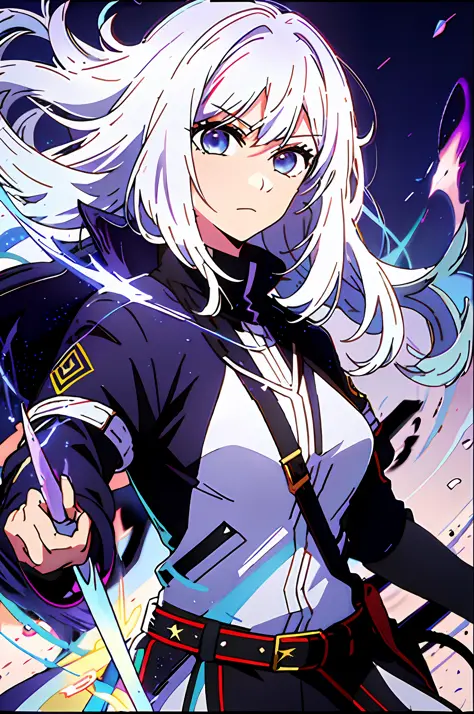 colorful, 1 girl, white hair, purple eyes, double hilt, sword, hand sword, blue flames, brilliance, bright weapon, light particl...