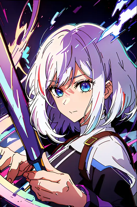 colorful, 1 girl, white hair, purple eyes, double hilt, sword, hand sword, blue flames, brilliance, bright weapon, light particl...