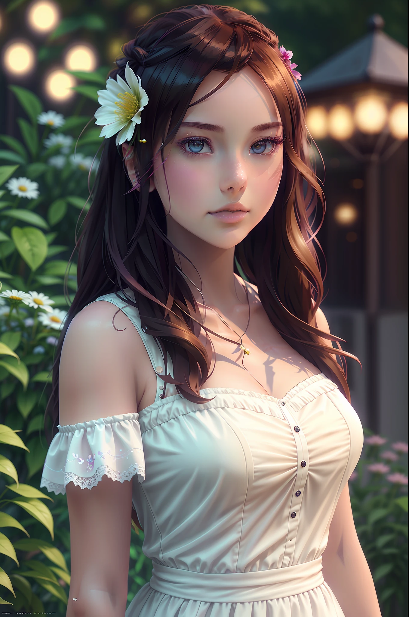 Un primer plano de una mujer con un vestido blanco con una flor en el pelo, render fotorrealista de chica anime, arte cg anime suave, arte digital realista 4k, arte digital realista 4k, anime 3d realista, germen de arte ; Motor irreal 3D, deviantart estación de arte cgscosiety, estilo anime realista 3d, estilo artístico fotorrealista