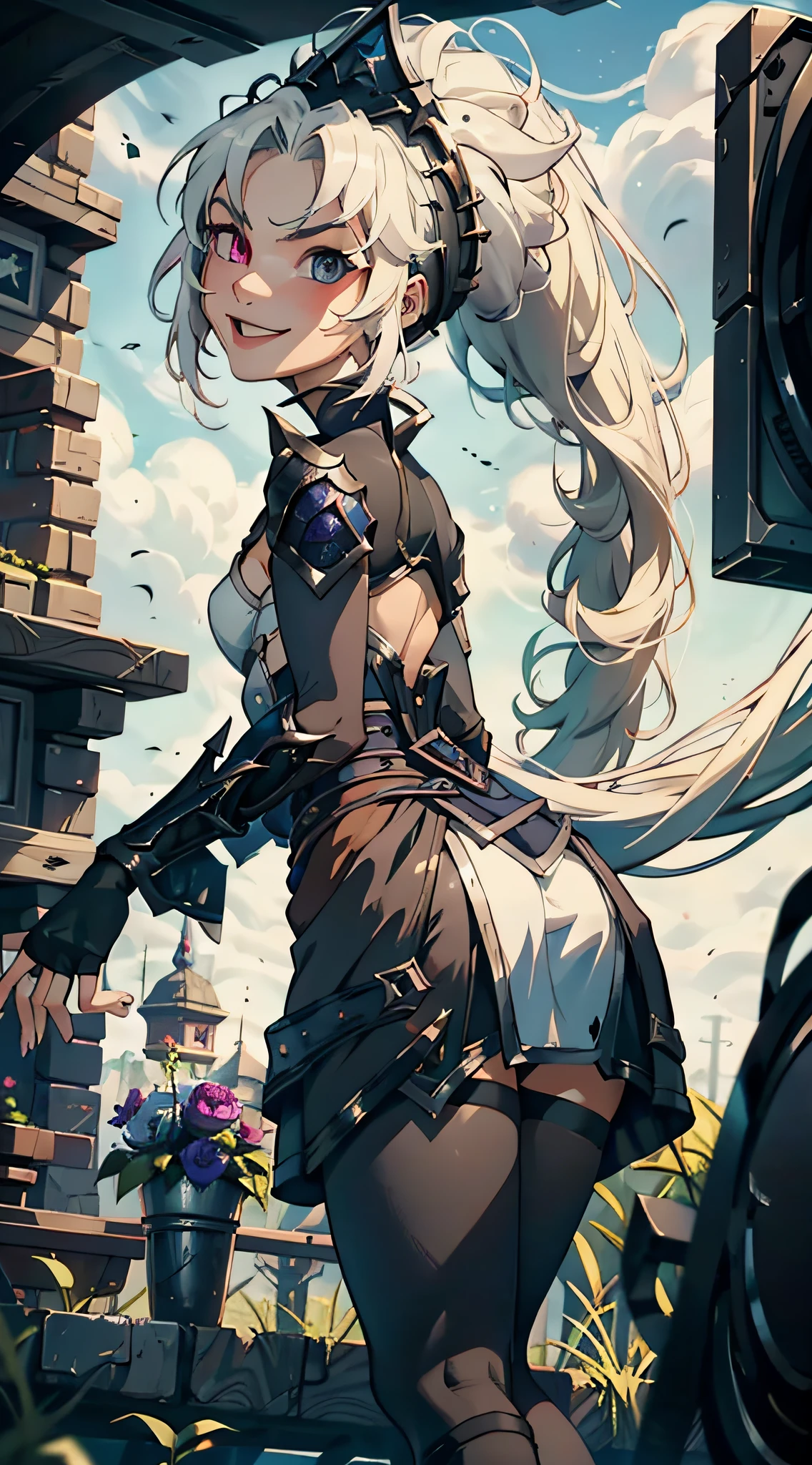 League of Legends, Zoe, 1 Girl, Heterochromia, Heterochromia, Short Skirt, Black Dress, Pantyhose, Very Long Hair, Fingerless Gloves, Smile, Shut Up, Upper Body, Porter Trait, Short Build, Back to Spectator, Looking Back