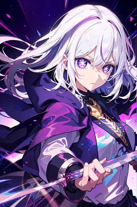 colorful, 1 girl, white hair, purple eyes, sexual, double hilt, sword, hand sword, blue flames, glitter, shiny weapon, light particles, wallpaper, chromatic aberration,