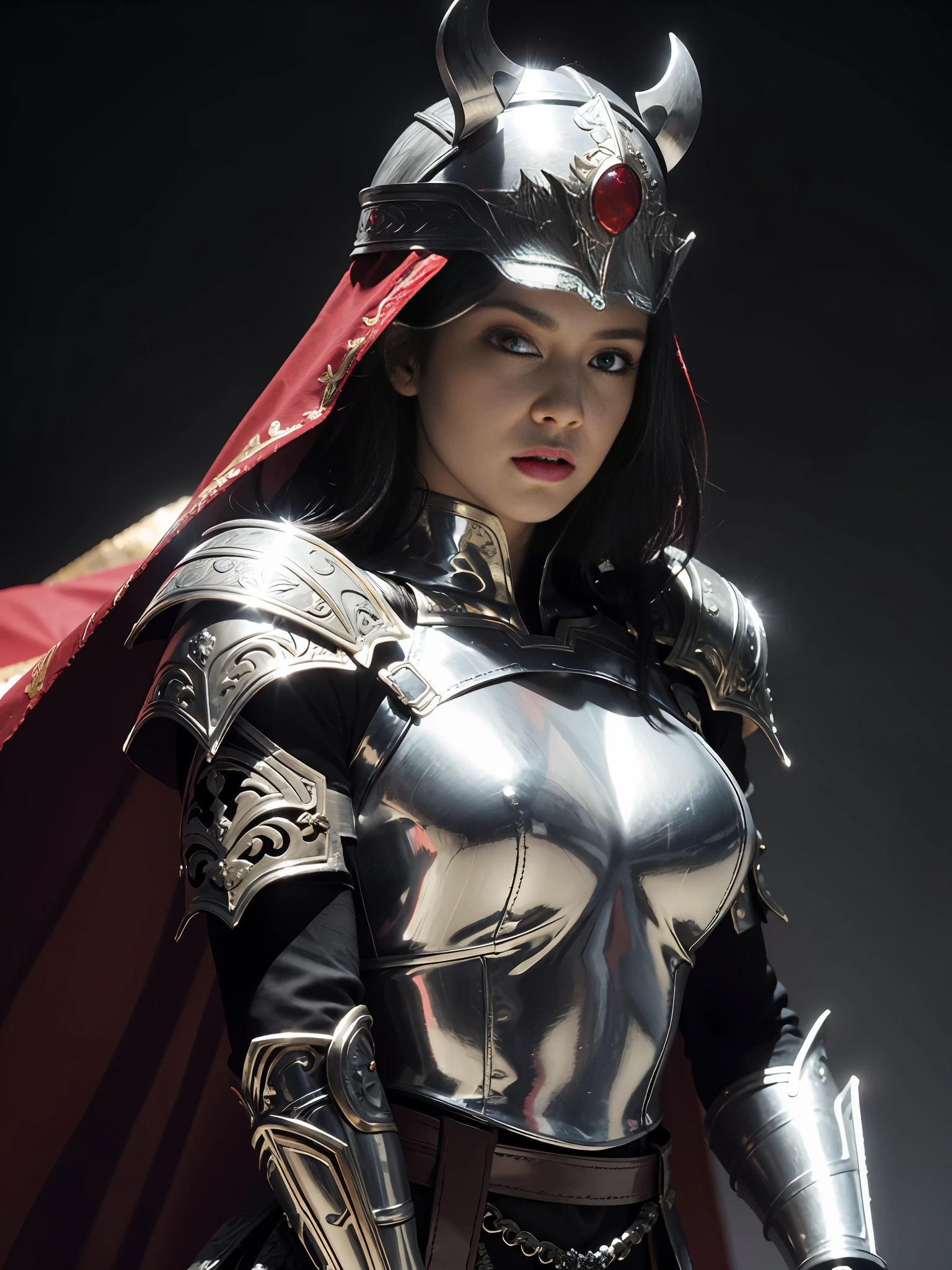 1girl, solo, female roman warrior with red helmet and cape, long black hair, angry, extremely beautiful girl, subtle makeup, silver hour, photorealistic, high contrast, 8k HD, detailed, hyper-detailed, realistic skin texture, blonde hair, huge chest, neckline, best quality, ultra high res, raw photo, dramatic lighting, unreal engine, intricate diffuse glow and silver tab, black cape, king's salon,  Standing