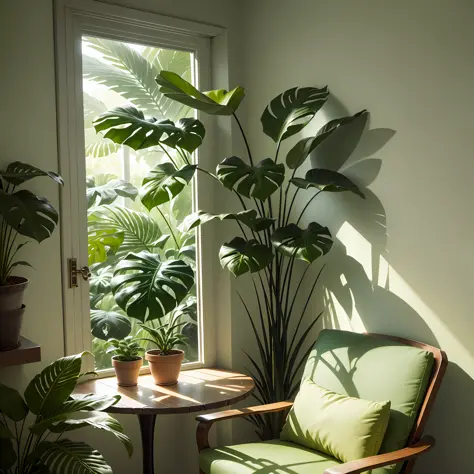nature, green, warm, harmony, freshness, peace, tranquility, comfort, natural light, slender, home, home décor, quiet, warm, harmony, fern, lovely, indoor landscape, monstera, gradient light and shadow --auto --s2