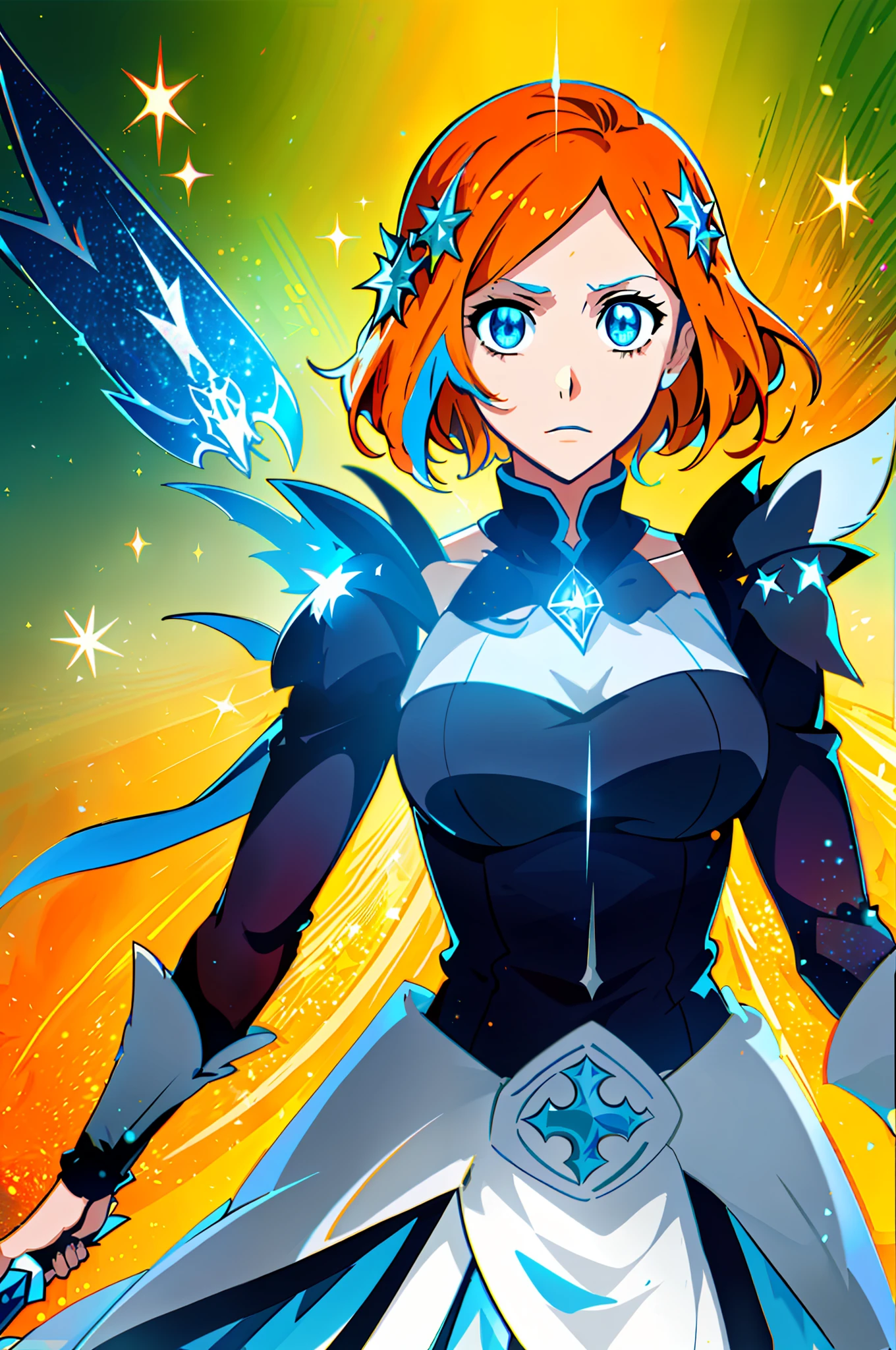 colorful, 1 girl, Orange hair, Blue eyes (bright), double hilt, sword, hand sword, blue flames, glitter, shiny weapon, light particles, wallpaper, chromatic aberration,