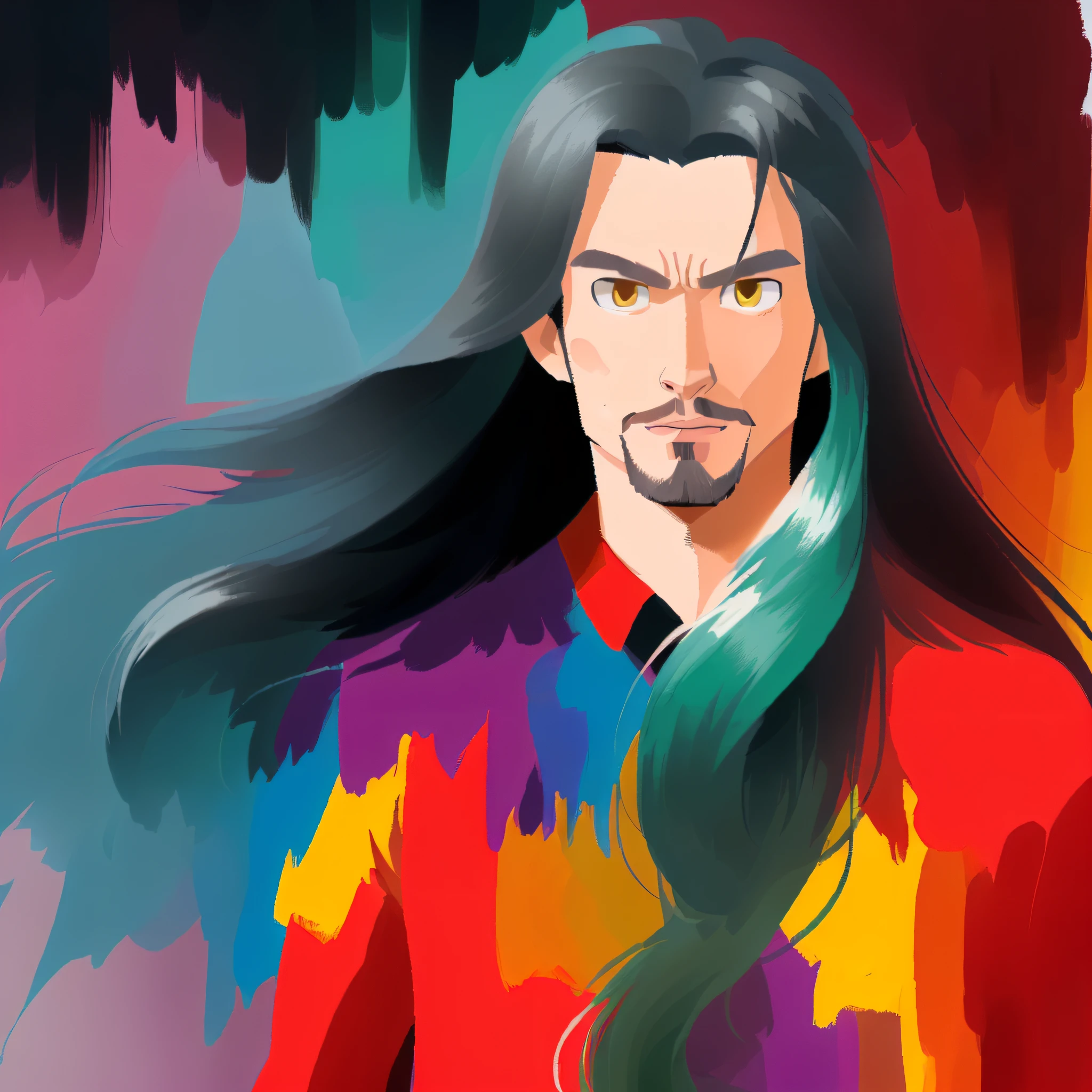 anime style cartoon of a man with long hair, painting with Crayons, vivid colors.