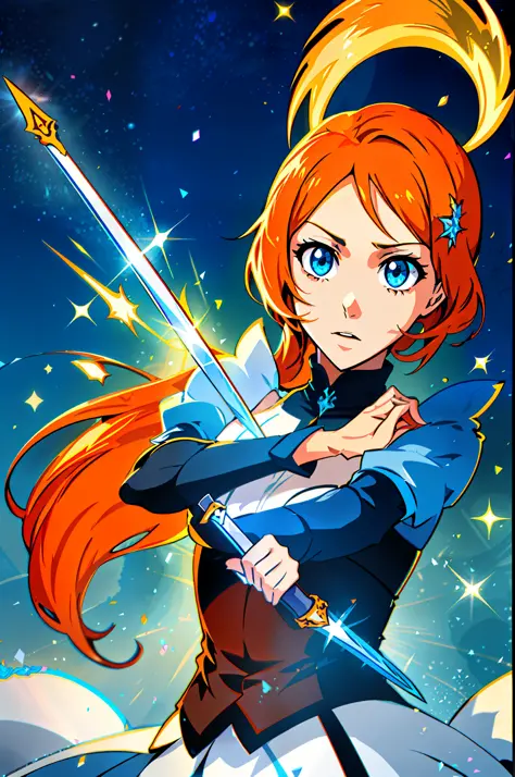 colorful, 1 girl, orange hair, blue eyes (bright), double hilt, sword, hand sword, blue flames, glitter, shiny weapon, light par...