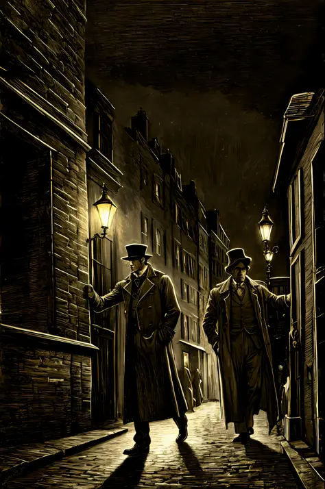 gustavedore draw style , realistic illustration of a detective  wearing (trench coat:1.1) and hat , in a victorian london city a...