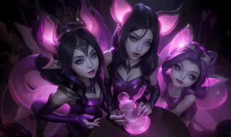 A Splash Art, Ahri from League of Legends, with the Void concept, purple and pink tones, dark light, low light, dark concept, corrupted, darkness, empress, kitsune, Void Kitsune, Void Monster, ahri full body, full art, league of legends splash art, sakimic...