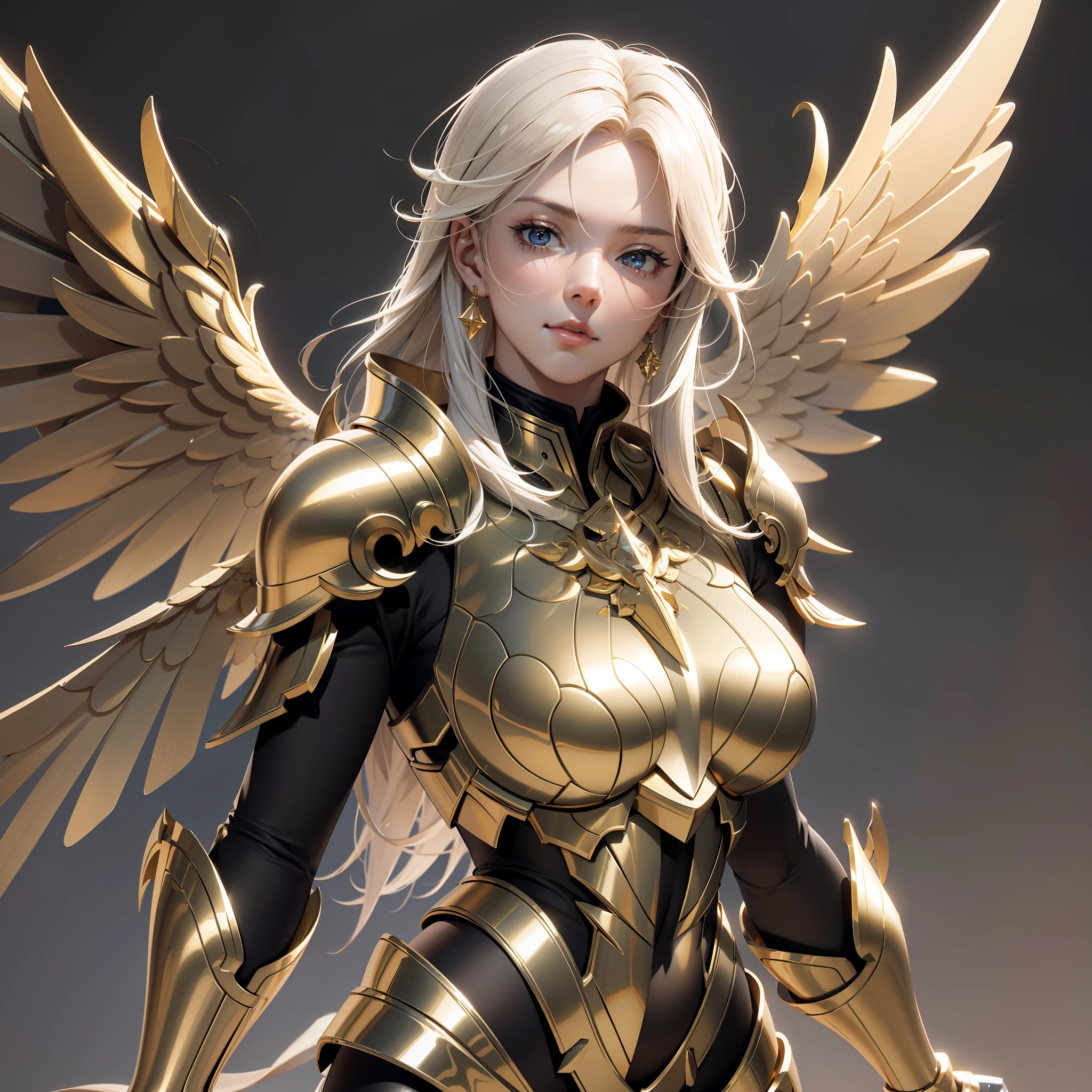 An angel warrior, (with a pair of golden wings on his back), ((metal wings)), ((golden armor)), high detail, (beautiful face), perfect facial features, golden hair, golden sword, indifferent, arrogant, invincible, atmospheric, macro, realistic, HDR (high dynamic range), ray tracing, NVIDIA RTX, super resolution, Unreal 5, subsurface scattering, post-processing, anisotropic filtering, depth of field, maximum sharpness and sharpness, Albedo and Specular Mapping, Surface shading, Accurately Simulating Light-Material Interactions, Perfect Proportions, Octane Render, Duotone Lighting, Large Aperture, Low ISO, White Balance, Rule of Thirds, 8K RAW, High Efficiency Sub-Pixel, Subpixel Convolution,