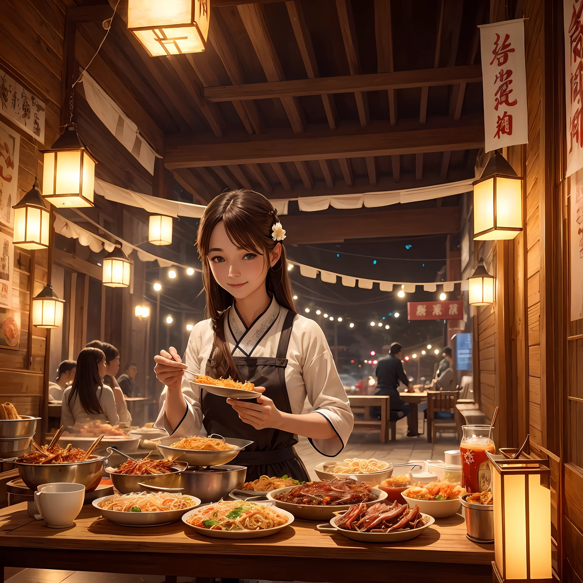 Cool noodles, barbecue, appetite, delicate characters, blue eyes, brown hair, smile, happy, exquisite ornaments, exquisite picture quality, artistic sense, small scenes, lens sense, light effects --auto --s2