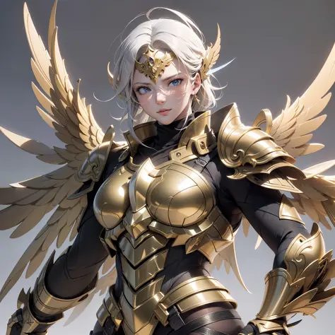 an angel warrior, (with a pair of golden wings on his back), ((metal wings)), ((golden armor)), high detail, (beautiful face), p...