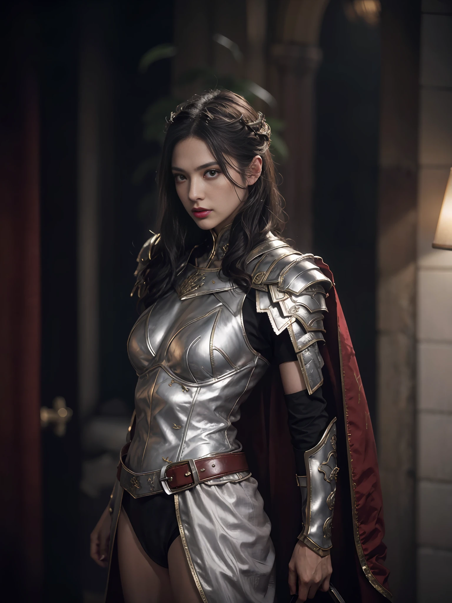 1girl, solo, female roman warrior with red helmet and cape, long black hair, angry, extremely beautiful girl, subtle makeup, silver hour, photorealistic, high contrast, 8k HD, detailed, hyper-detailed, realistic skin texture, blonde hair, huge chest, neckline, best quality, ultra high res, raw photo, dramatic lighting, unreal engine, intricate diffuse glow and silver tab, black cape, battlefield,  Standing