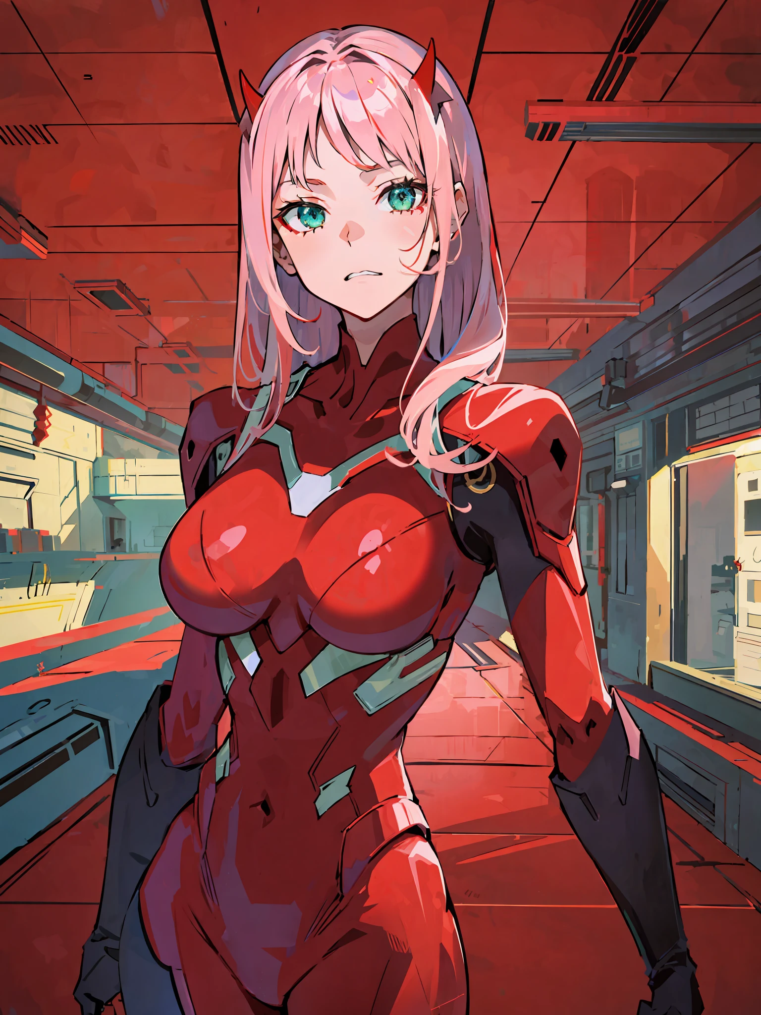 zero dois \(querido no franxx\), querido no franxx, 1 garota, franja, Morder, sombra, cabelo longo, seios pequenos, Coxas grandes, body vermelho, olhos verdes, Inventar, par de pequenos chifres vermelhos, cabelo rosa, red eyesombra, solo, luz do sol