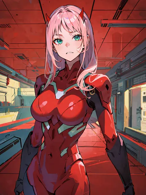 zero two \(darling on franxx\), darling on franxx, 1girl, bangs, bite, shadow, long hair, small breasts, big thighs, red bodysui...