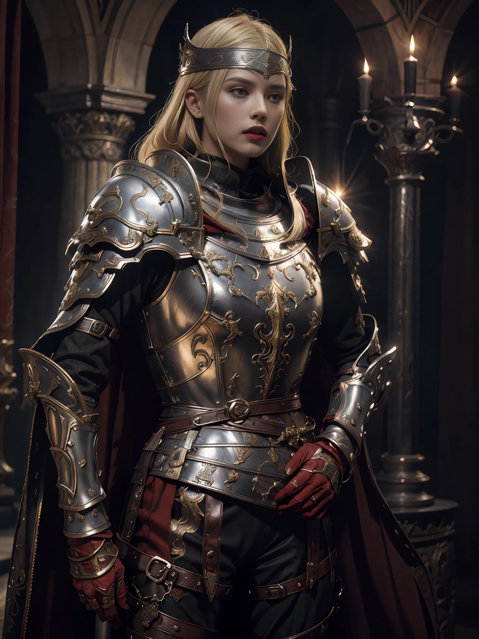 1girl, solo, female roman warrior with red helmet and cape, long black hair, angry, extremely beautiful girl, subtle makeup, silver hour, photorealistic, high contrast, 8k HD, detailed, hyper-detailed, realistic skin texture, blonde hair, huge chest, neckline, best quality, ultra high res, raw photo, dramatic lighting, unreal engine, intricate diffuse glow and silver tab, black cape, battlefield,  Standing