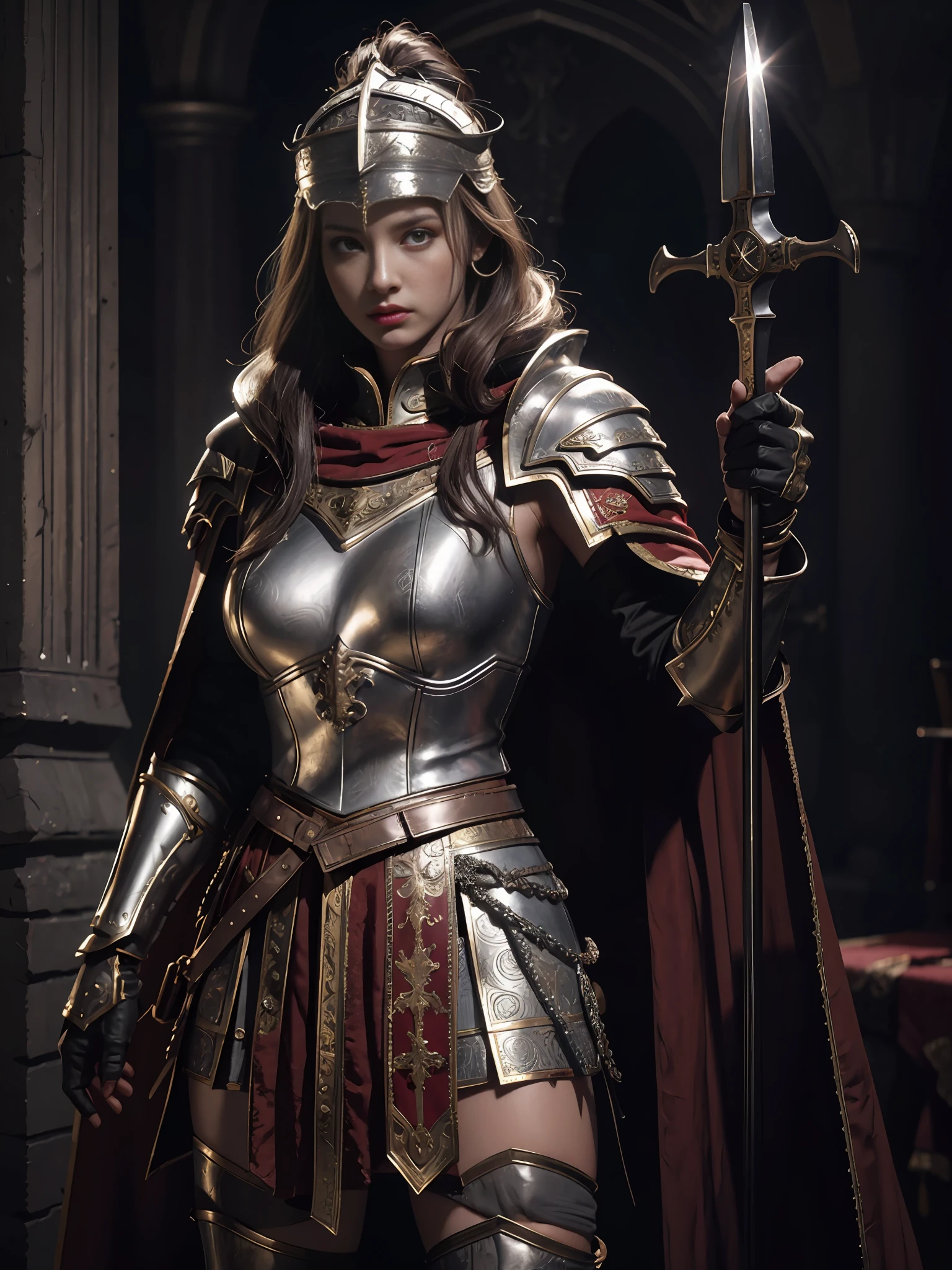 1fille, seulement, Femme guerrière romaine avec casque rouge et cape, longs cheveux noirs, en colère, Fille extrêmement belle, maquillage subtil, heure d&#39;argent, photoréaliste, contraste élevé, 8k HD, détaillé, hyper-détaillé, texture de peau réaliste, cheveux blond, énorme poitrine, encolure, meilleure qualité, ultra haute résolution, Photo brute, éclairage dramatique, Moteur irréel, lueur diffuse complexe et languette argentée, cape noire, champ de bataille,  debout