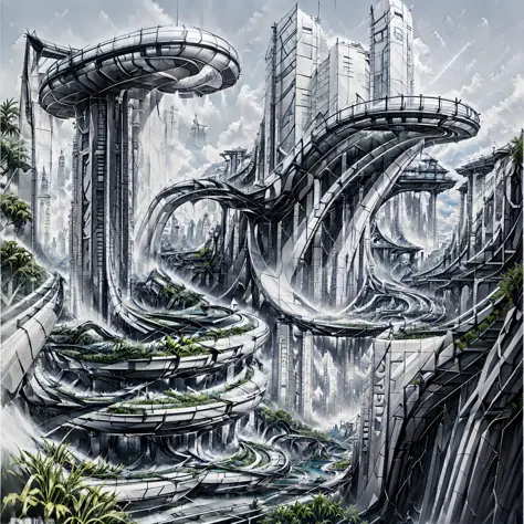 Airbrush drawing --v 5.1 style Futuristic design of an awesome sunny day environment concept art on a futuristic terrain with hu...