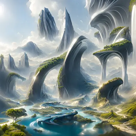 Airbrush drawing --v 5.1 style Futuristic design of an awesome sunny day environment concept art on a futuristic terrain with hu...