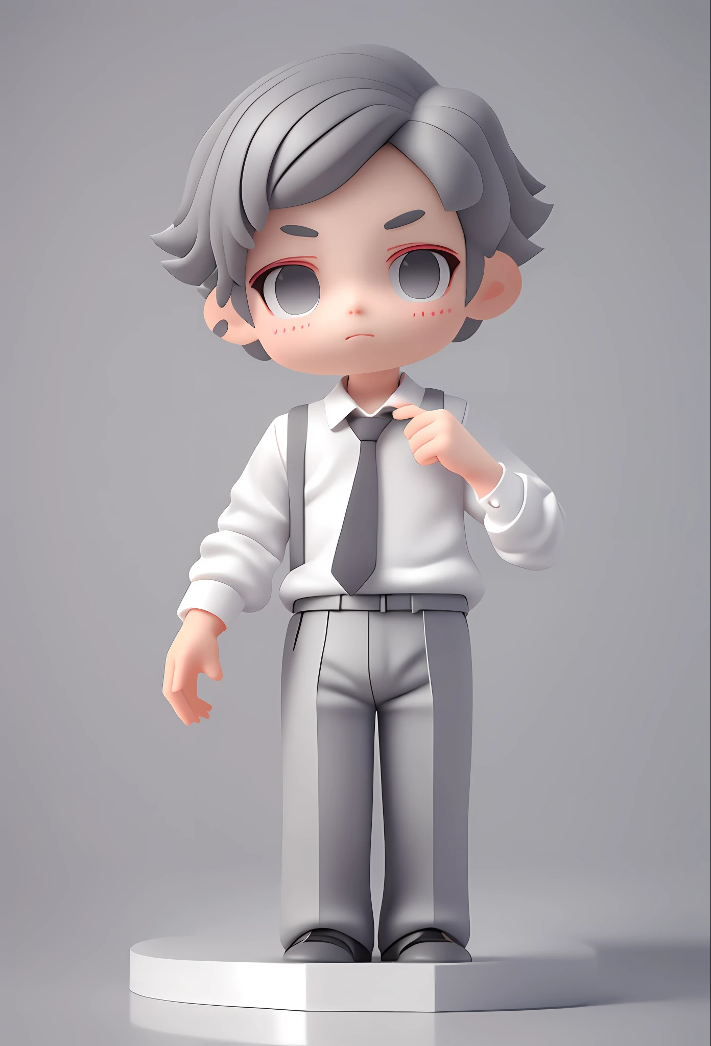 Design 3D de caixa cega, menino bonito vestindo camisa branca com terno cinza na mão, calça de terno cinza, renderização 3d fofa, Anime retrato, renderização de menino anime 3d fofo, arte digital detalhada fofa, Renderização 3D estilizada, Arte de personagem renderizada em 3D 8k, linda pintura digital, Estilo anime 3D, Renderização superdetalhada