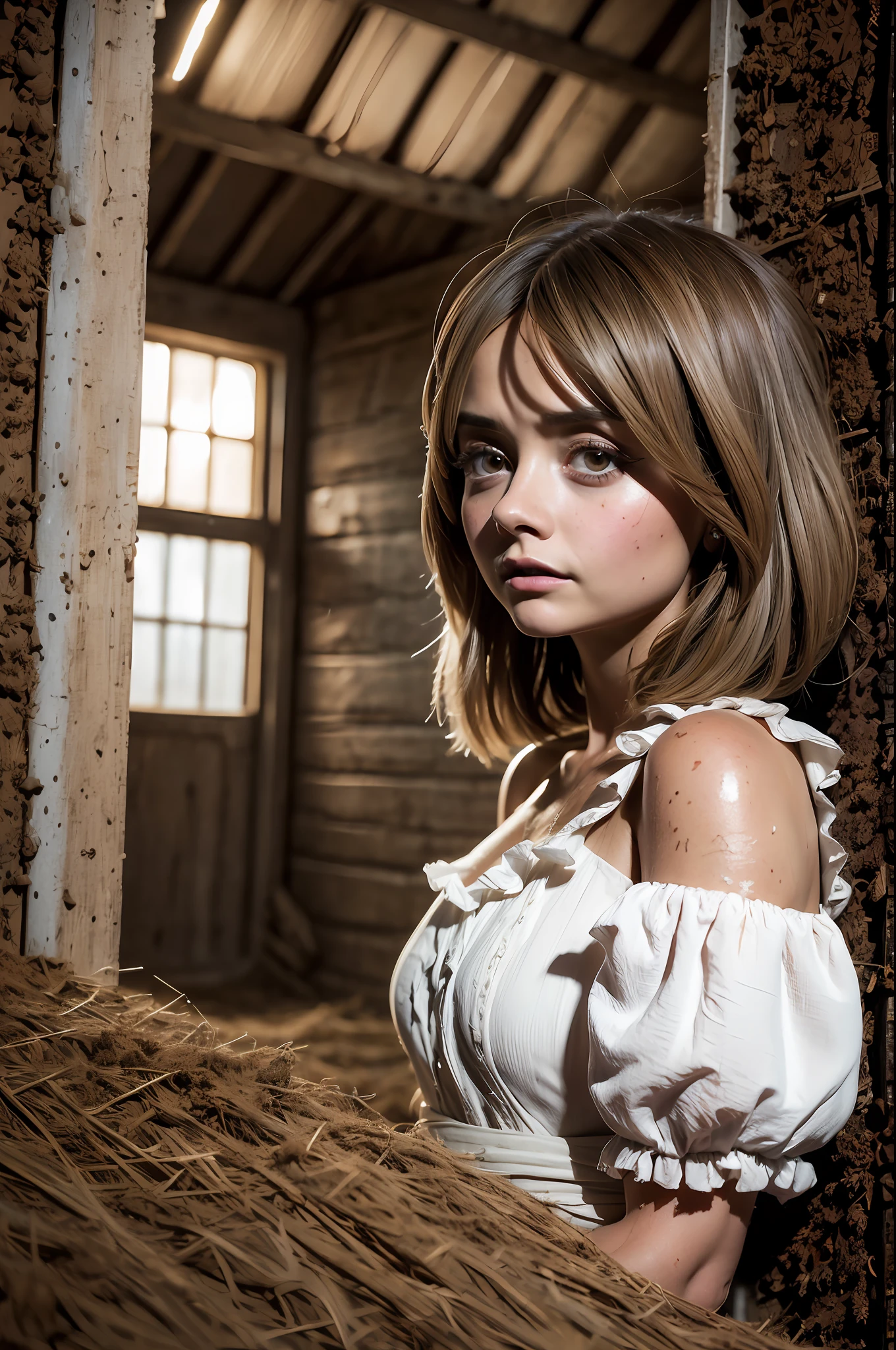 ((Jenna Coleman)), frightened woman in the hayloft, hay bales everywhere, helpless, (seer slim figure), ((torn cotton dress)), (dirty white dress), (covered by dirt), sad look, ((detailed realistic face and eyes)), cinematic lighting, 8K resolution, (model shooting style)