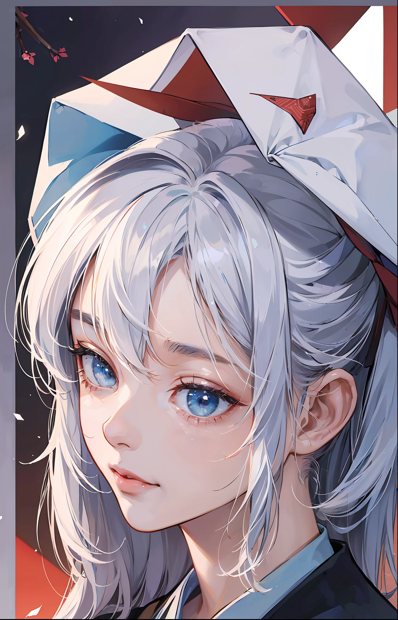 Anime girl with white hair and blue eyes in a red and white background -  SeaArt AI