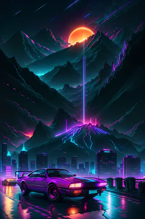 retrowave. city, car, road,  purple neon lights, sun, mountain, 
(masterpiece,detailed,highres),