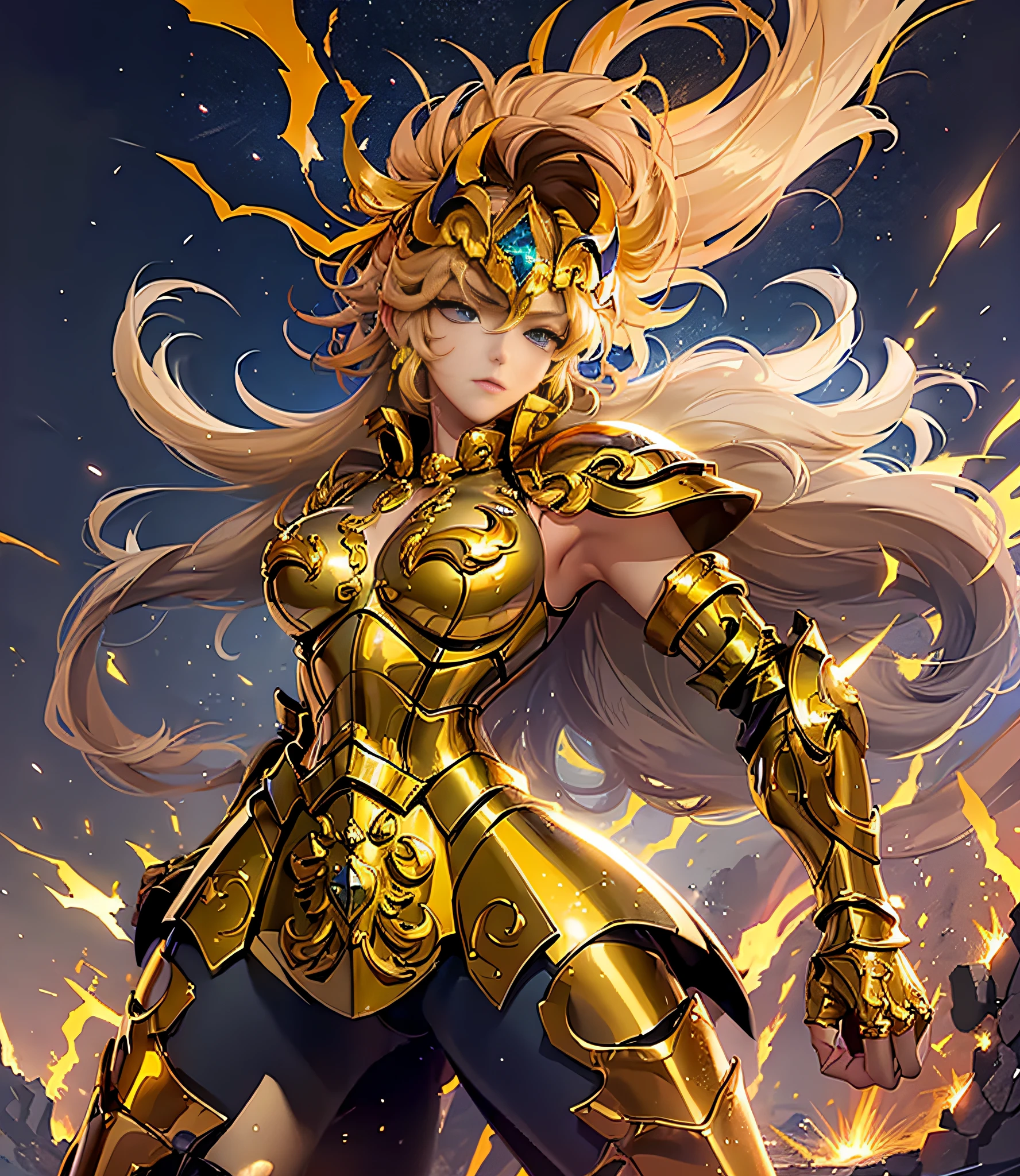 (傑作), (最高品質), (1人の女の子), 黄金の鎧を着た少女, クールなポーズ, 戦場の背景, 火災の背景, 聖闘士星矢の鎧, ボサボサの髪