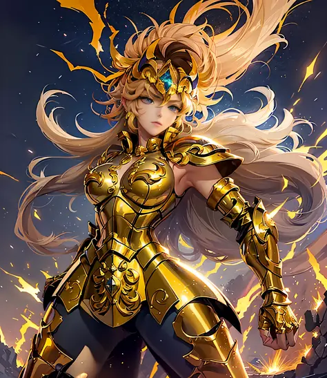 (masterpiece), (best quality), (1girl), girl in golden armor, cool pose, battle field background, fire background, saint seiya a...