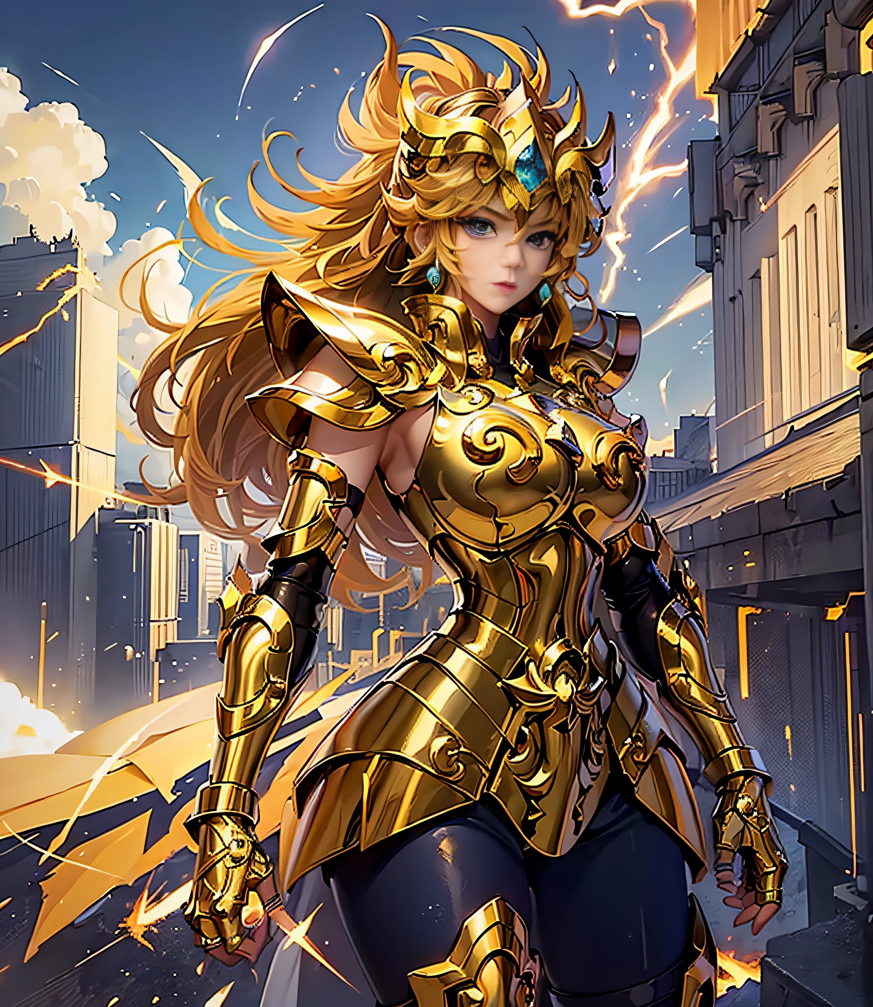 (Meisterwerk), (beste Qualität), (1 Mädchen), Mädchen in goldener Rüstung, coole pose, schlachtfeld hintergrund, Feuer-Hintergrund, Saint-Seiya-Rüstung, Zerzaustes Haar