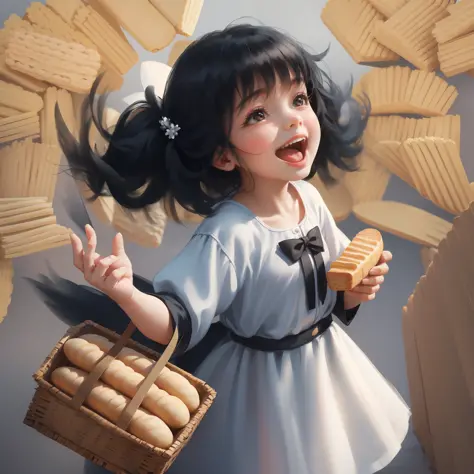 A little girl, black hair, holding bread in hand, eating bread, very happy, laughing, sunny, cheerful, pure white background, Di...