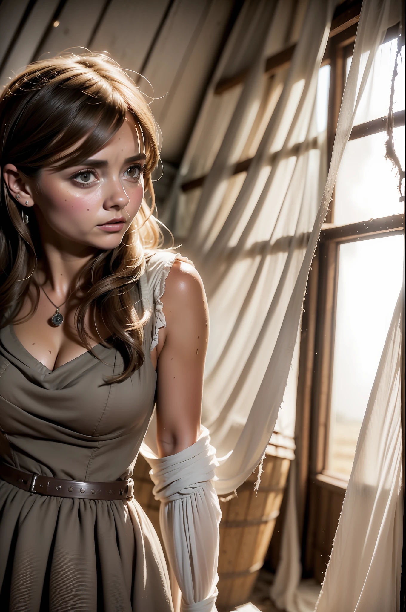 ((Jenna Coleman)), frightened woman in hayloft, hay bales everywhere, helpless, (seer slim figure), ((torn dress)), (gray soiled sheath dress), (cotton dress), (covered by dirt), ((sad)), sad big eyes, ((tears in the eyes)), ((detailed realistic face and eyes)), cinematic lighting, 8K resolution, (model shooting style)