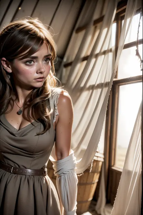 ((Jenna Coleman)), frightened woman in hayloft, hay bales everywhere, helpless, (seer slim figure), ((torn dress)), (gray soiled...