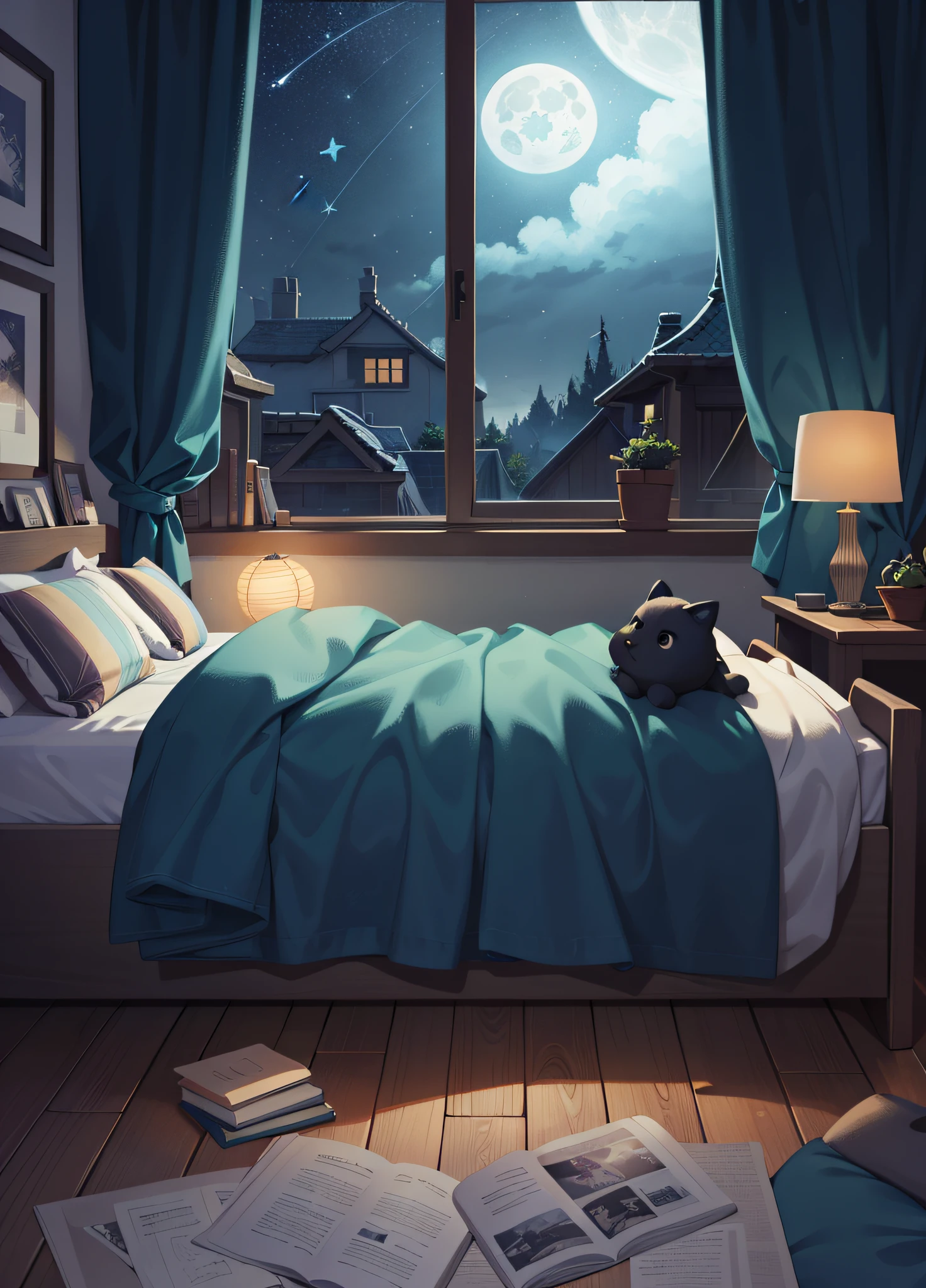 A bedroom window with 밤하늘, 하늘의 보름달과 별들 (일러스트레이션 8k), (최고의 품질) (복잡한 세부 사항) (8K) (밤하늘)