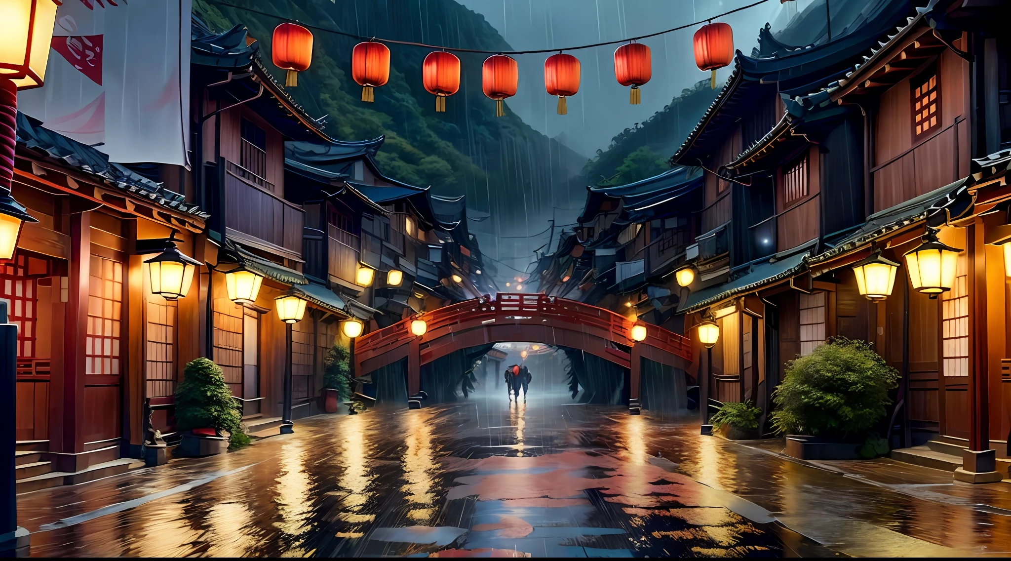 arafed view of a village with a lot of lights on the buildings, dreamy chinese town, chinese village, amazing wallpaper, japanese town, japanese village, hyper realistic photo of a town, old asian village, japanese city, by Raymond Han, rainy evening, cyberpunk chinese ancient castle, beautifully lit buildings, at evening during rain, beautiful and aesthetic, photography, cinematic, 8k, high detailed ((Heavy rain)))