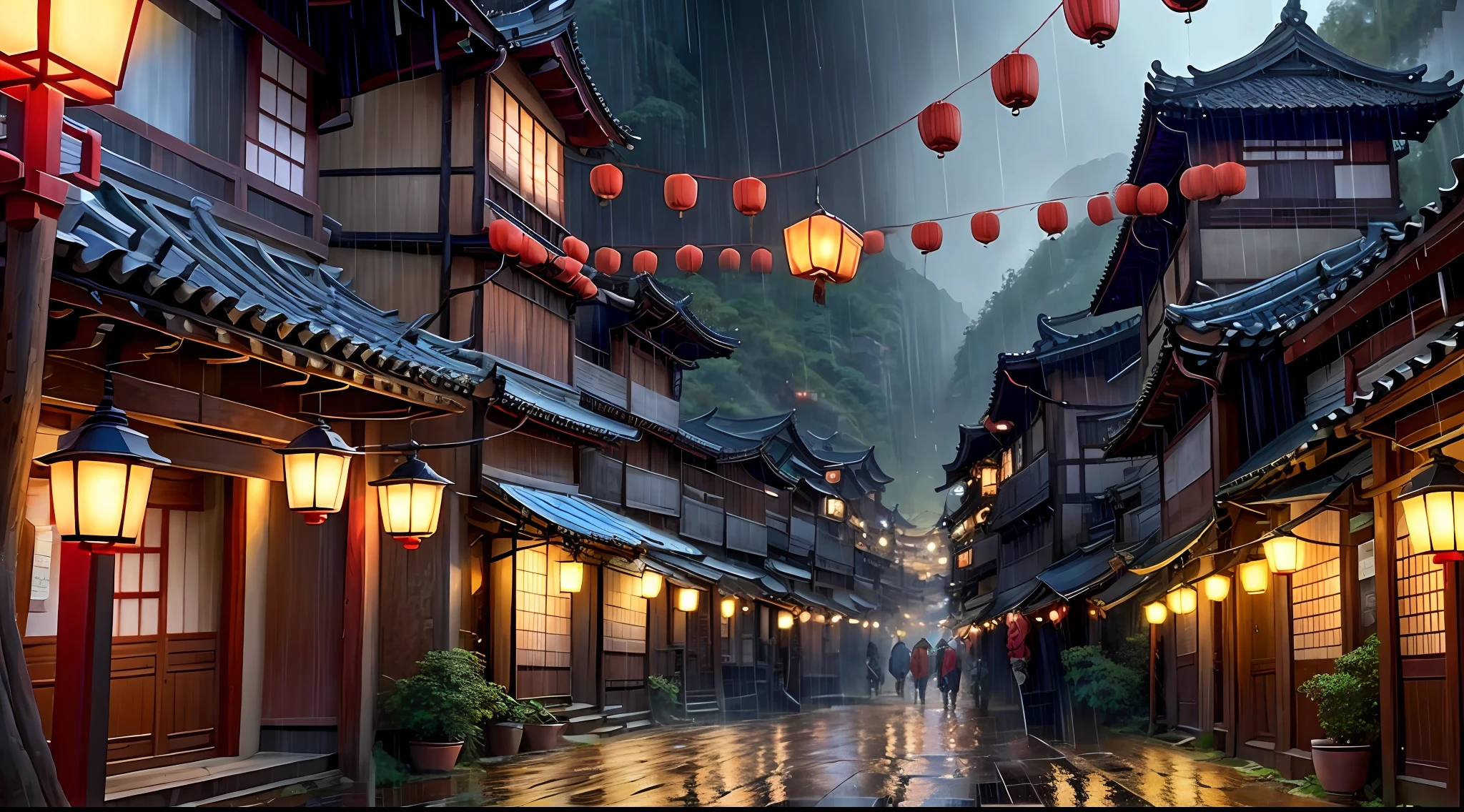 arafed view of a village with a lot of lights on the buildings, dreamy chinese town, chinese village, amazing wallpaper, japanese town, japanese village, hyper realistic photo of a town, old asian village, japanese city, by Raymond Han, rainy evening, cyberpunk chinese ancient castle, beautifully lit buildings, at evening during rain, beautiful and aesthetic, photography, cinematic, 8k, high detailed ((Heavy rain)))