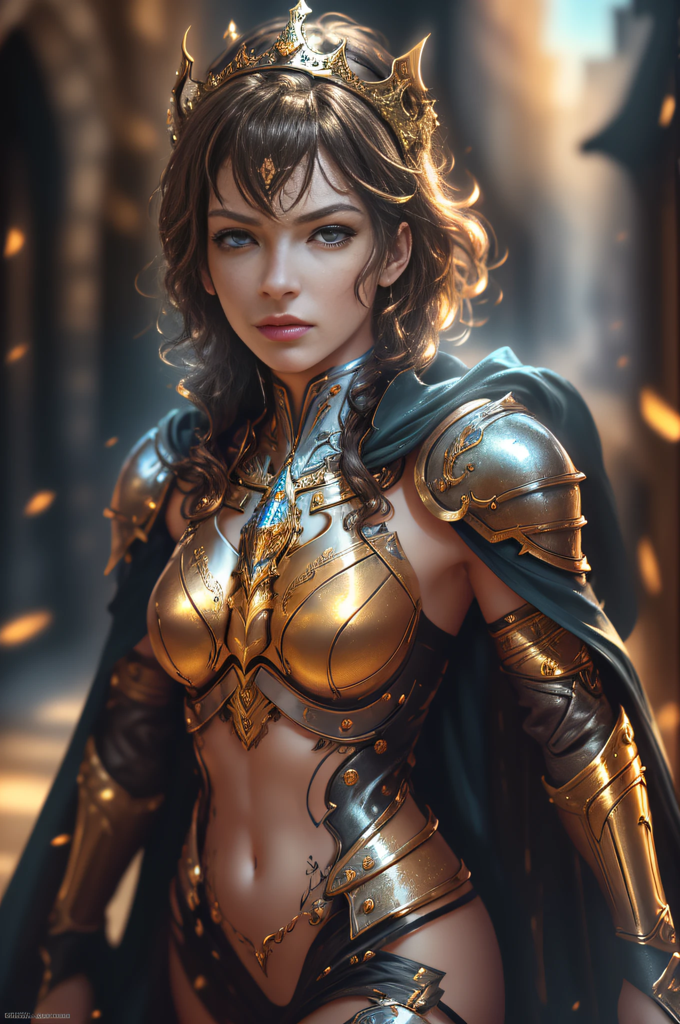 Close-up, a French female knight (Milla Jovovich, slender, young, short brown hair slightly curly, bright blue cape, amber pupils, full metal armor, wearing a small crown on her head, metallic texture, godly eyes, confident, freckles, cool style, heroic, light makeup, delicate facial features, tall figure, model standing) DBfantasyart, masterpiece, 1seventeengirl, 8K resolution film rendering, fashion, concept art, messy hair, Perfect Eyes, Detailed Eyes, High Quality Eyes, perfect_face, Shiny Skin: 1.2, Shiny Face: 1.2, Cinematic Light: 1.3, Soft Light, Silver: :0.8, High Detail ::1.3, Ultra High Quality::1.3, High Resolution, 16K Resolution, Ultra HD Pictures, Ultra Realistic, Clear Details, Realistic Details::1.3, Ultra High Definition, Clear Background (Medieval Street, Blue Sky)