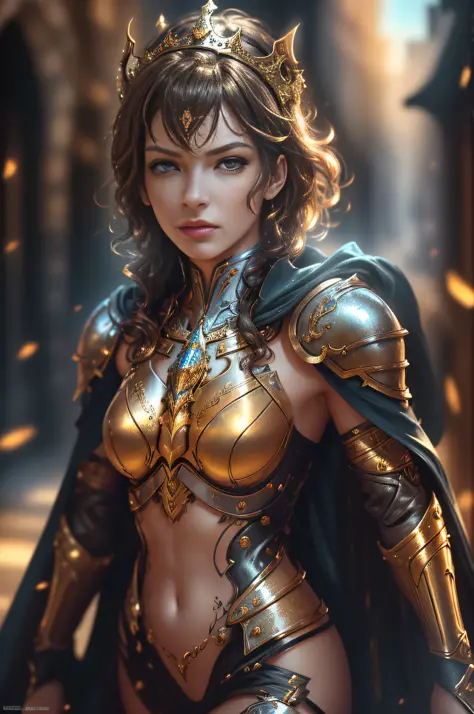 Close-up, a French female knight (Milla Jovovich, slender, young, short brown hair slightly curly, bright blue cape, amber pupils, full metal armor, wearing a small crown on her head, metallic texture, godly eyes, confident, freckles, cool style, heroic, l...