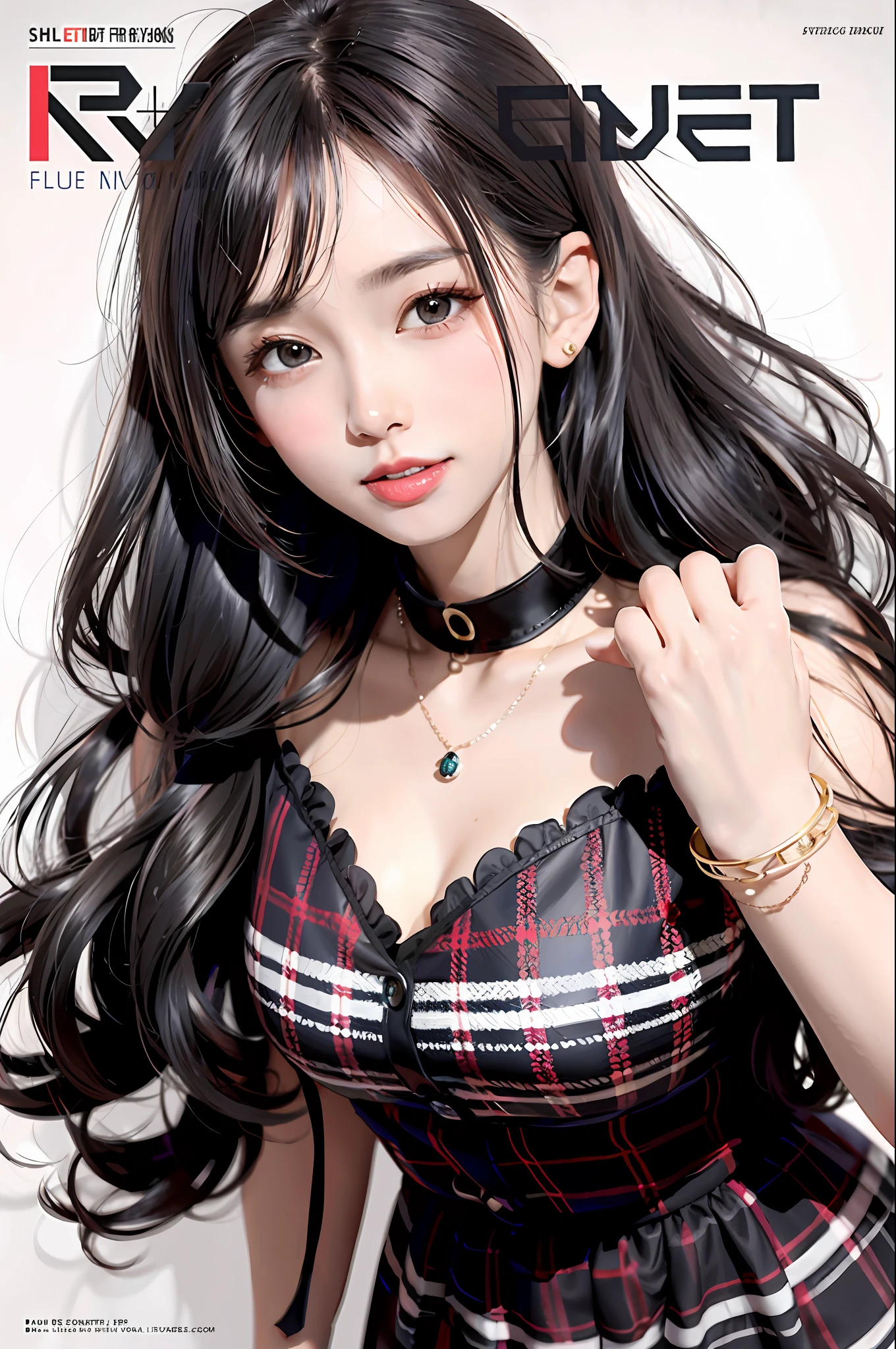 masterpiece, best quality, full-body, 1girl, curly hair, black choker, black tie, black hair, blue dress, blush, bracelets, chest, necklace, clothes around the waist, collarbones, ear piercing, eyebrows visible through hair, sloping hair, gyaru, jewelry, kogal, long hair,  look at the viewer, piercing, plaid, plaid dress, pleated dress, red eye, ring, shirt, dress, smile, illustration, (magazine:1.3), (cover style:1.3), fashion, women, brilliant, costume, pose, front, colorful, dynamic, background, elements, confidence, expression,  hold, statement, accessories, monumental, roll, around, touch, scene, text, cover, bold, attention-grabbing, title, style, font, catchy, title, bigger, outstanding, modern, trendy, fashionable,